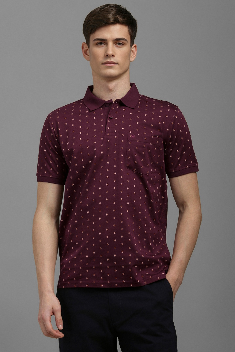 Men Maroon Print Polo Neck T-shirt-Maroon