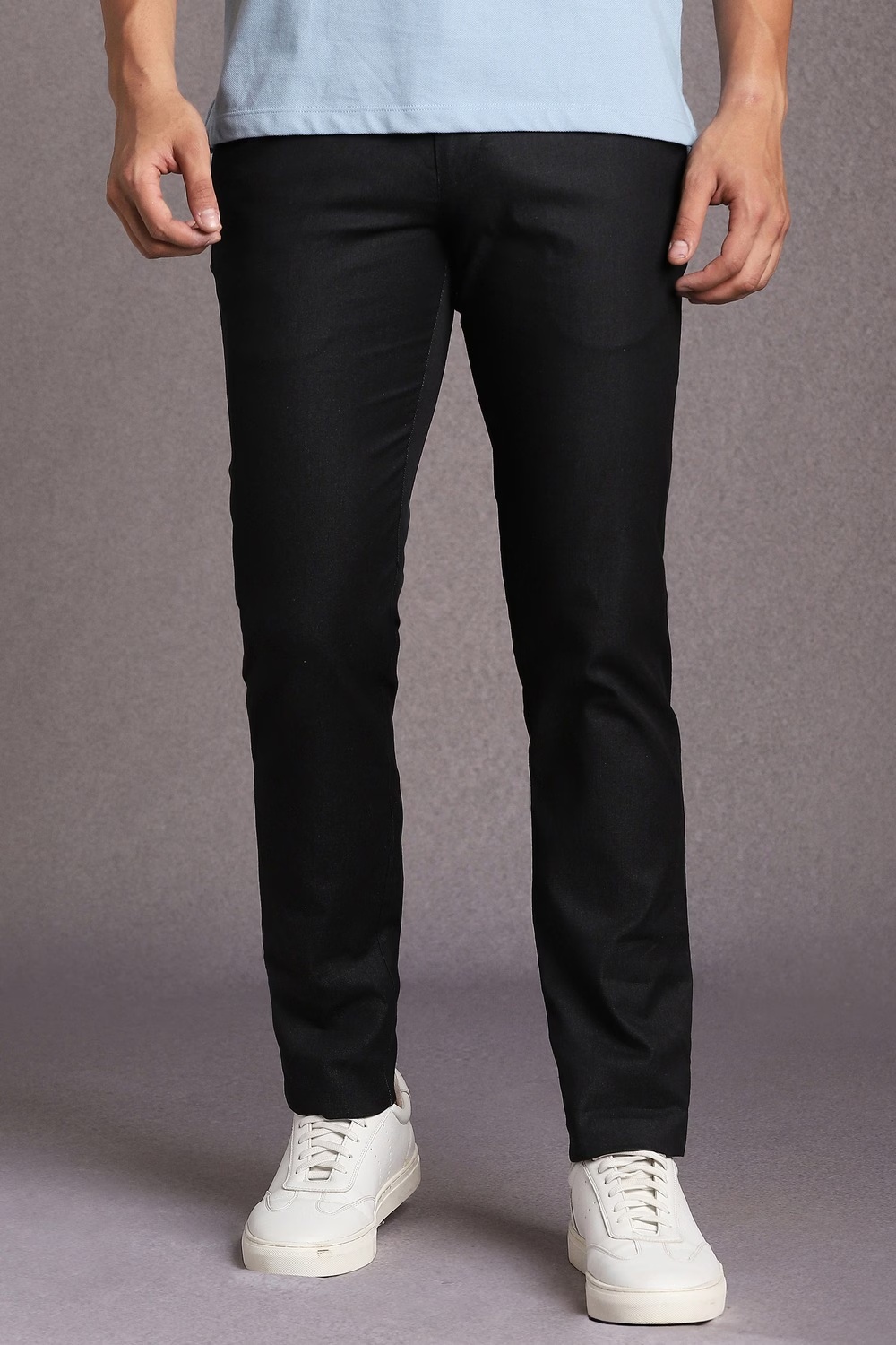 Men Black Textured Flat Front Casual Trousers-Black