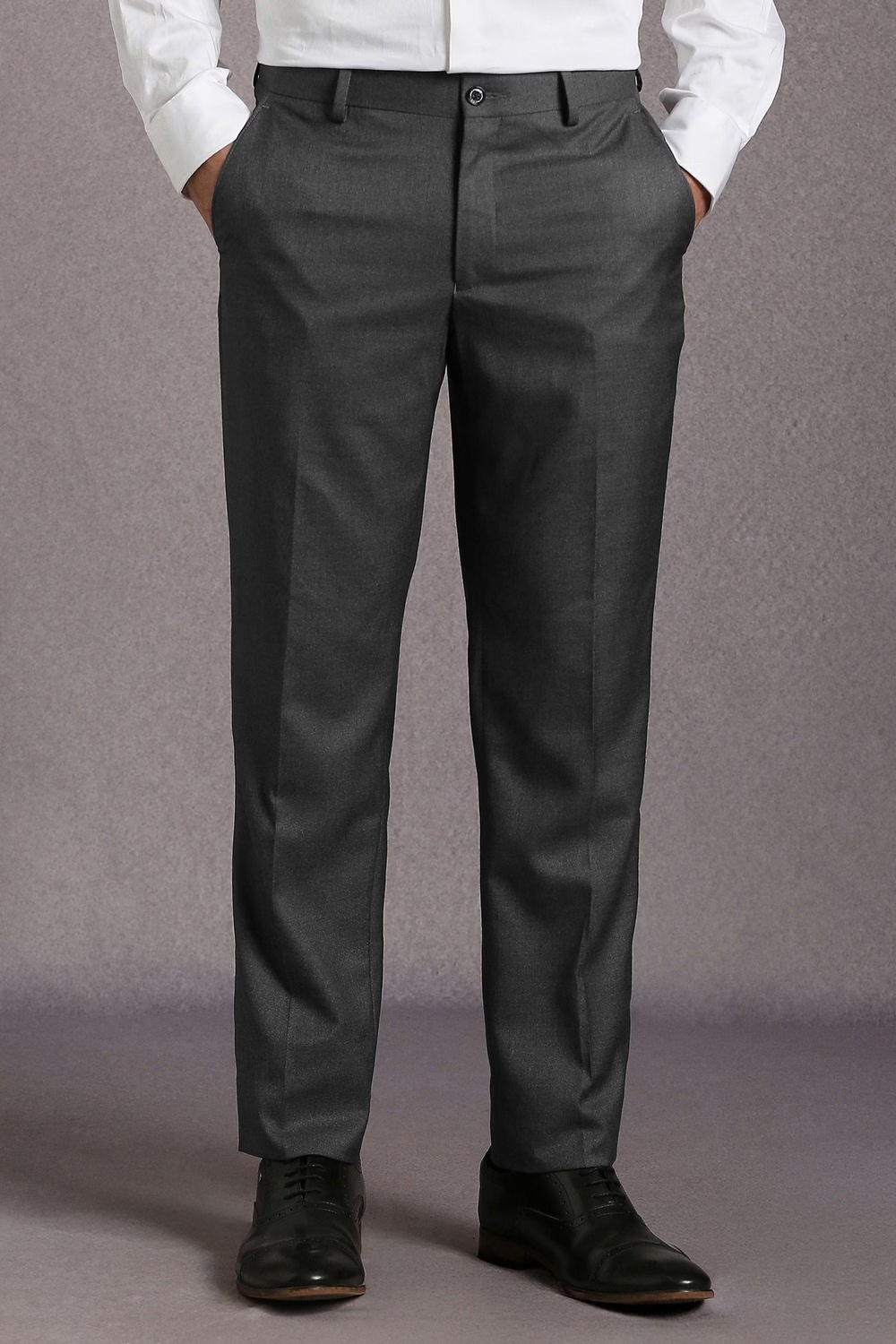Men Grey Textured Flat Front Formal Trousers-Grey