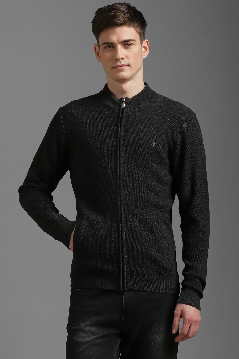 Men Black Textured Full Sleeves Sweater-Black