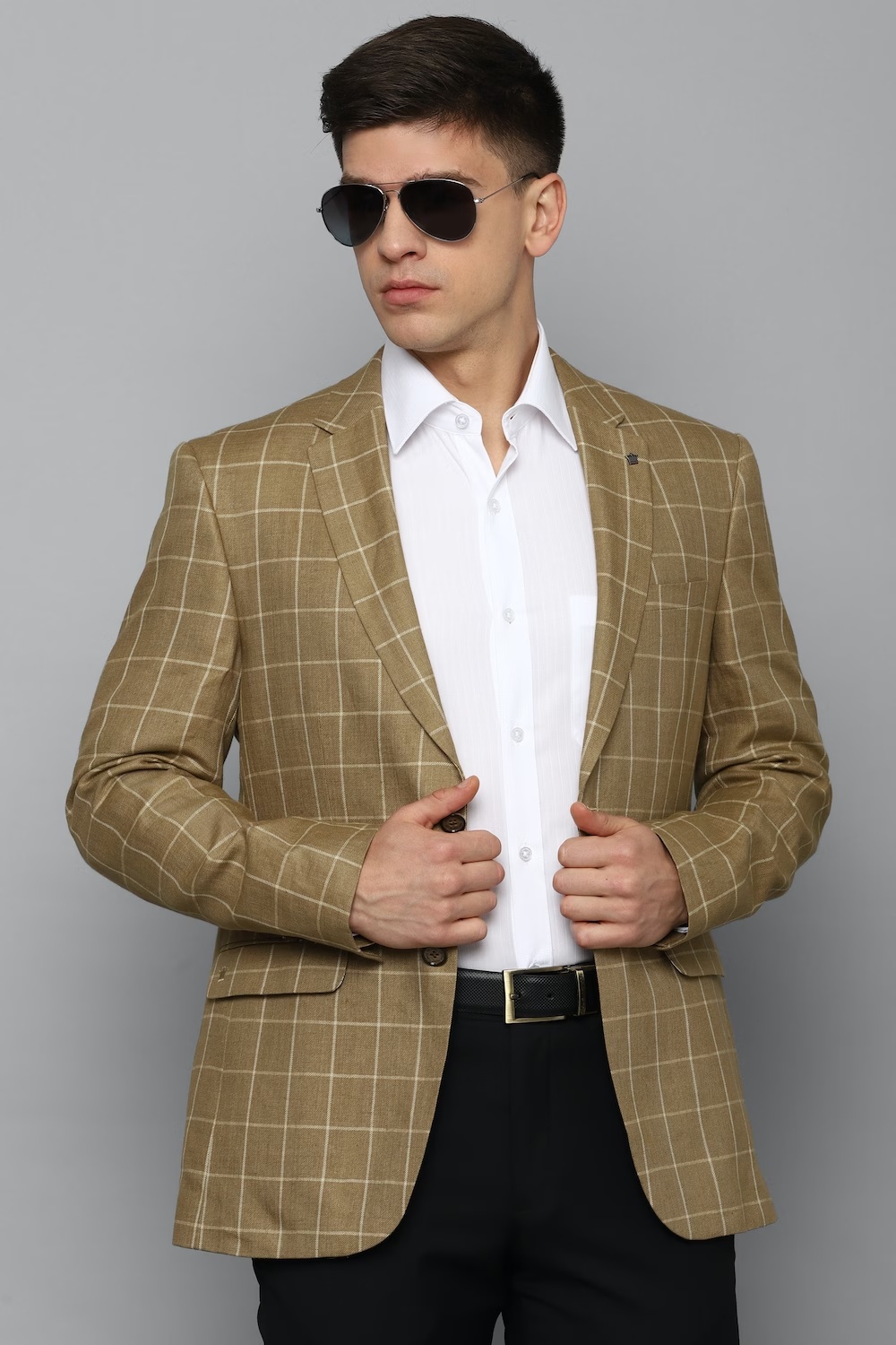 Men Khaki Slim Fit Check Formal Blazer-Khaki