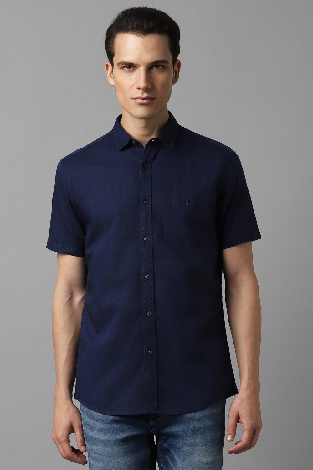 Men Navy Solid Half Sleeves Casual Shirt-Navy