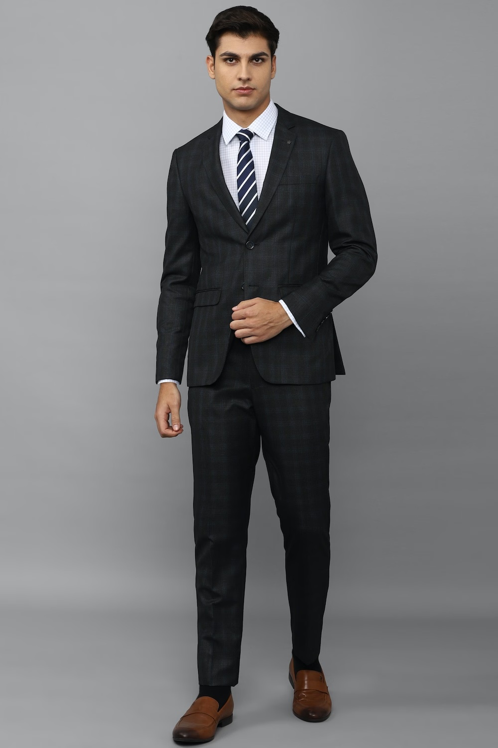 Men Black Slim Fit Check Formal Two Piece Suit-Black