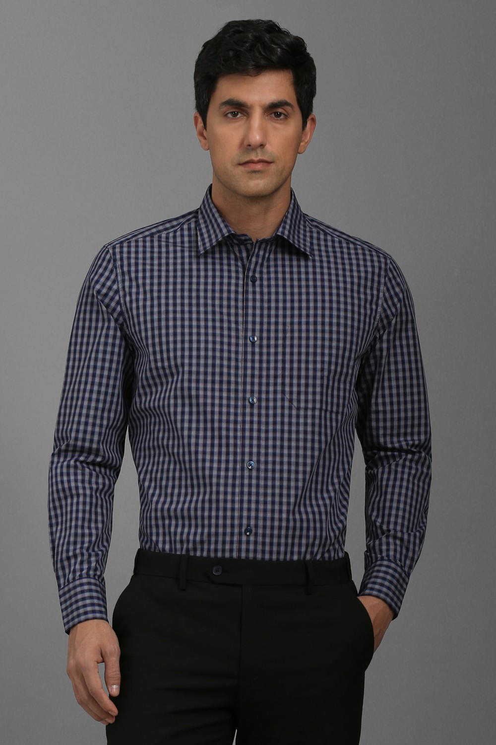 Men Navy Classic Fit Check Full Sleeves Formal Shirt-Navy