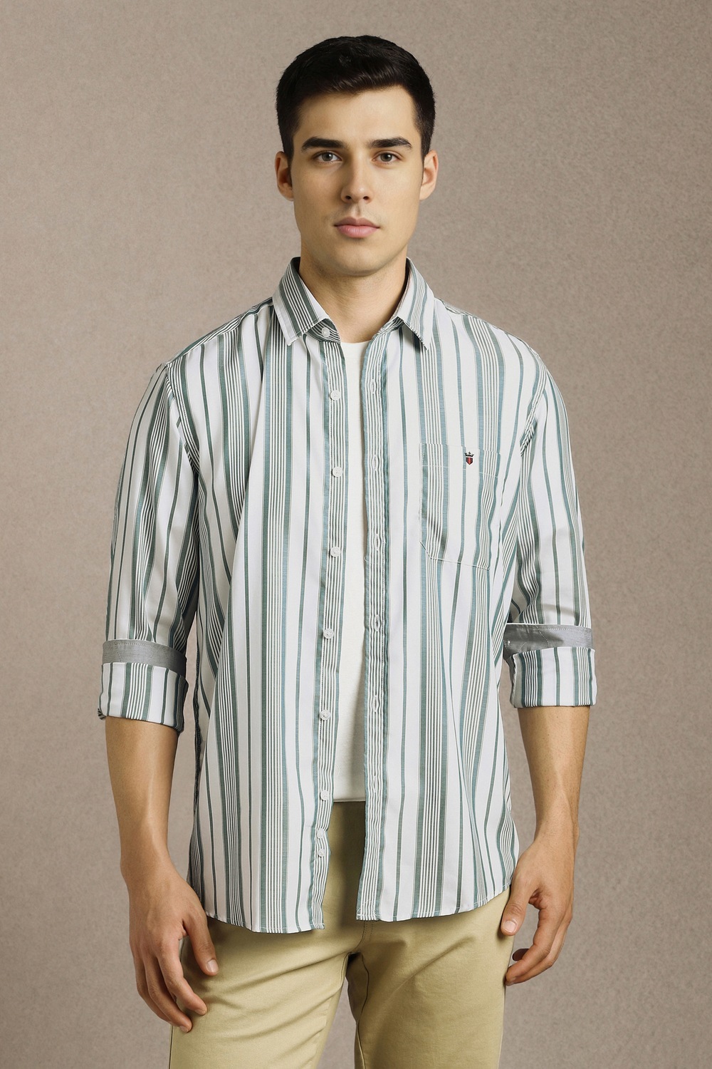 Men Green Stripe Full Sleeves Casual Shirt-Green