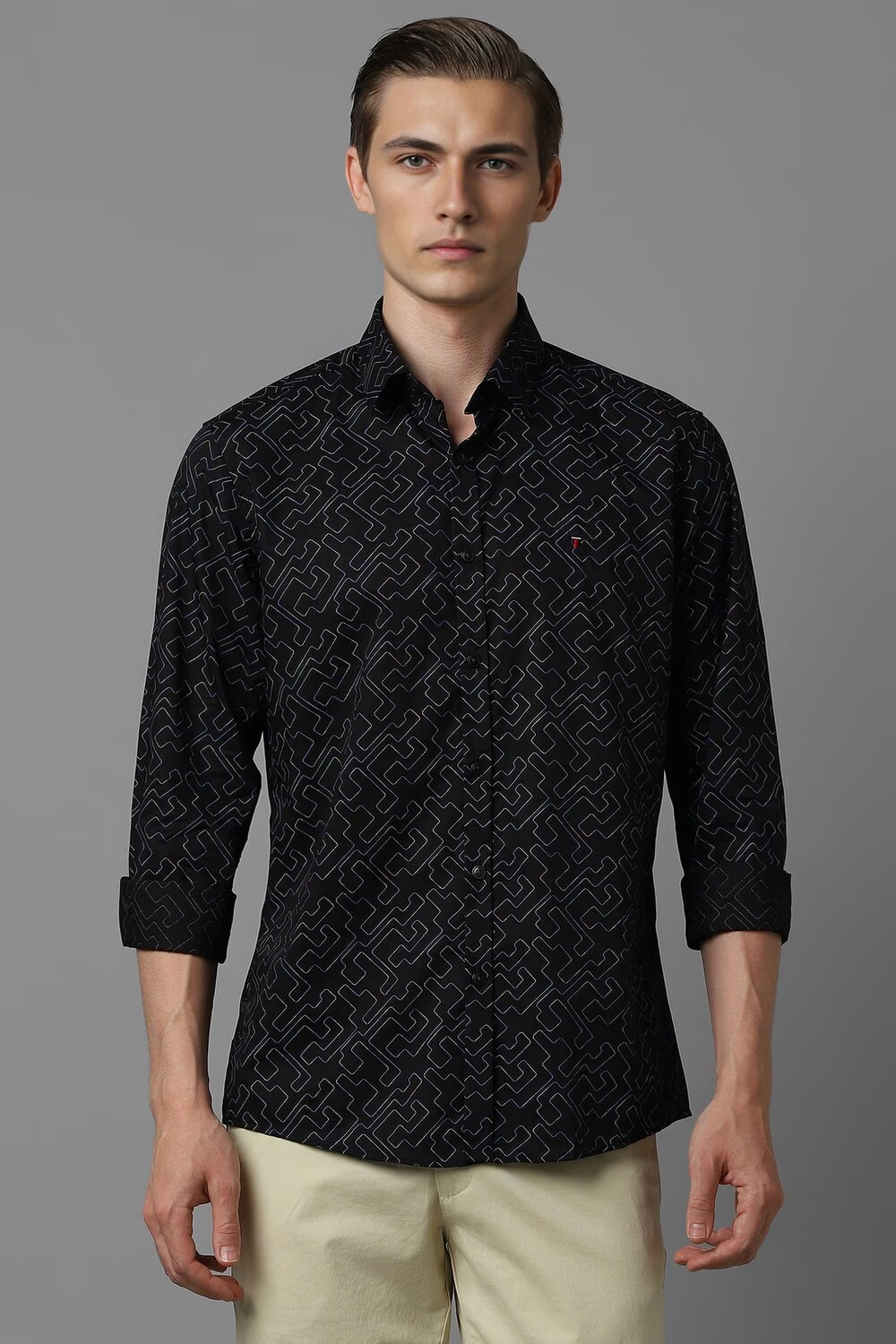 Men Black Slim Fit Print Full Sleeves Casual Shirt-Black