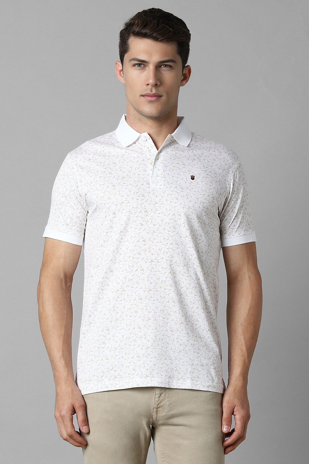 Men White Print Polo Neck T-shirt-White