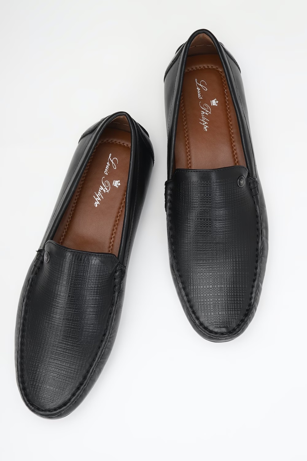 Men Black Leather Slip Ons-Black