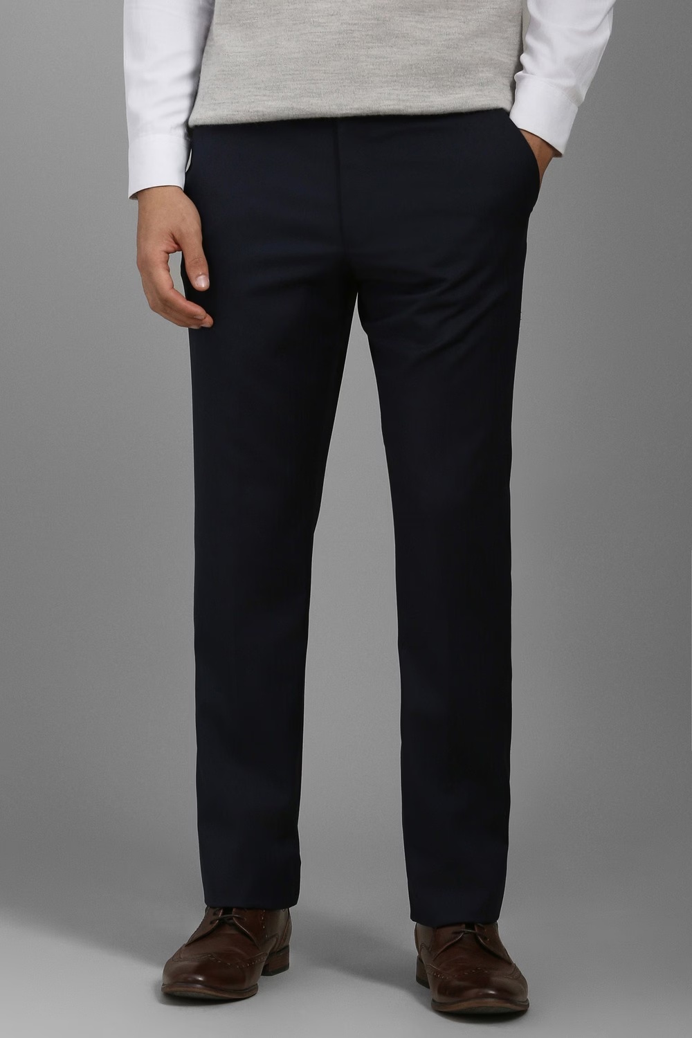Men Navy Slim Fit Solid Flat Front Formal Trousers-Navy