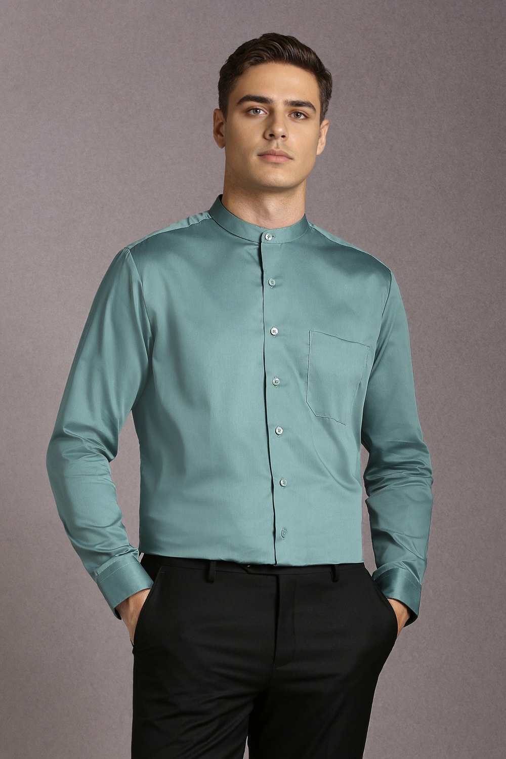 Men Green Solid Full Sleeves Formal Shirt-Green
