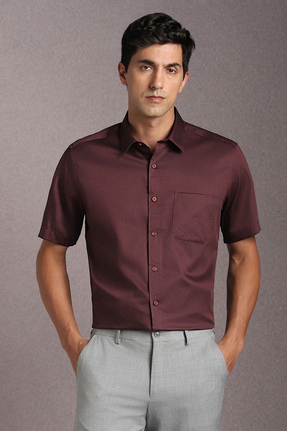 Men Maroon Print Half Sleeves Formal Shirt-Maroon