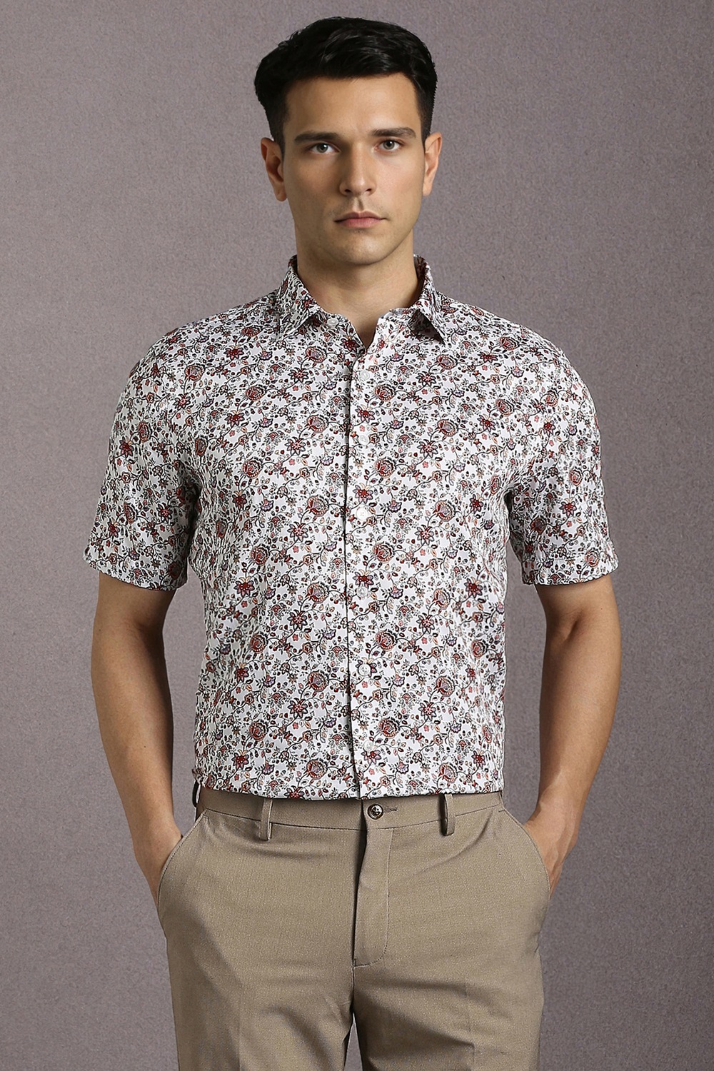 Men White Print Half Sleeves Formal Shirt-White