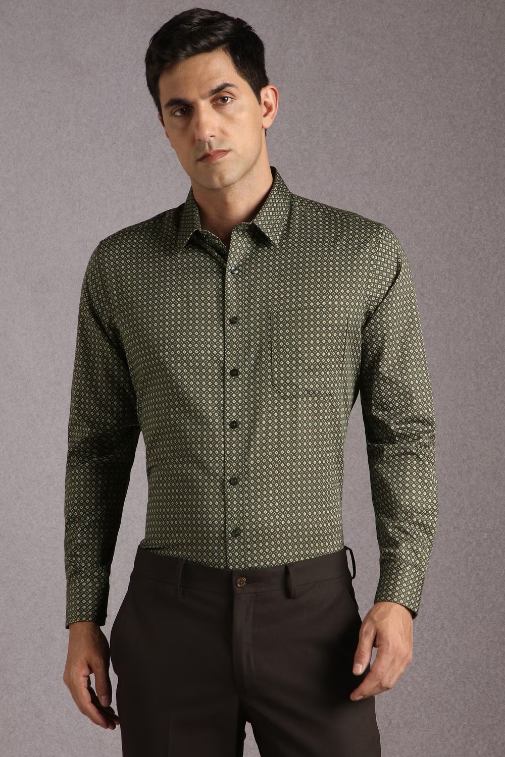 Men Olive Print Full Sleeves Formal Shirt-Olive