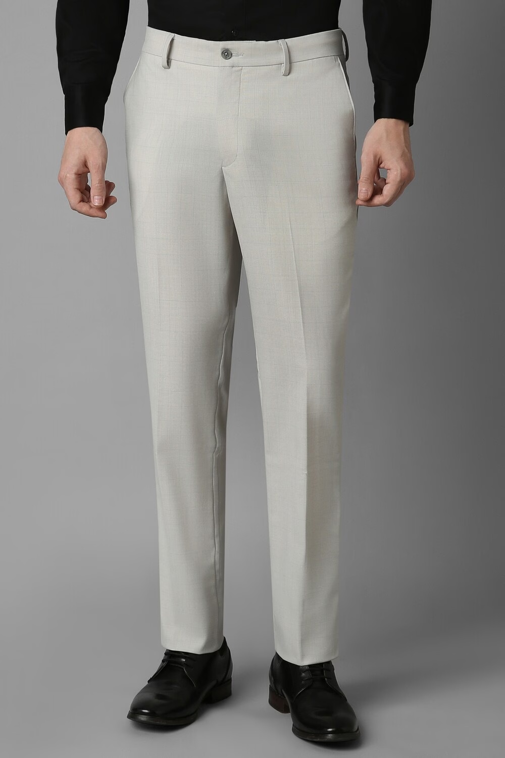 Men Grey Slim Fit Check Flat Front Formal Trousers-Grey