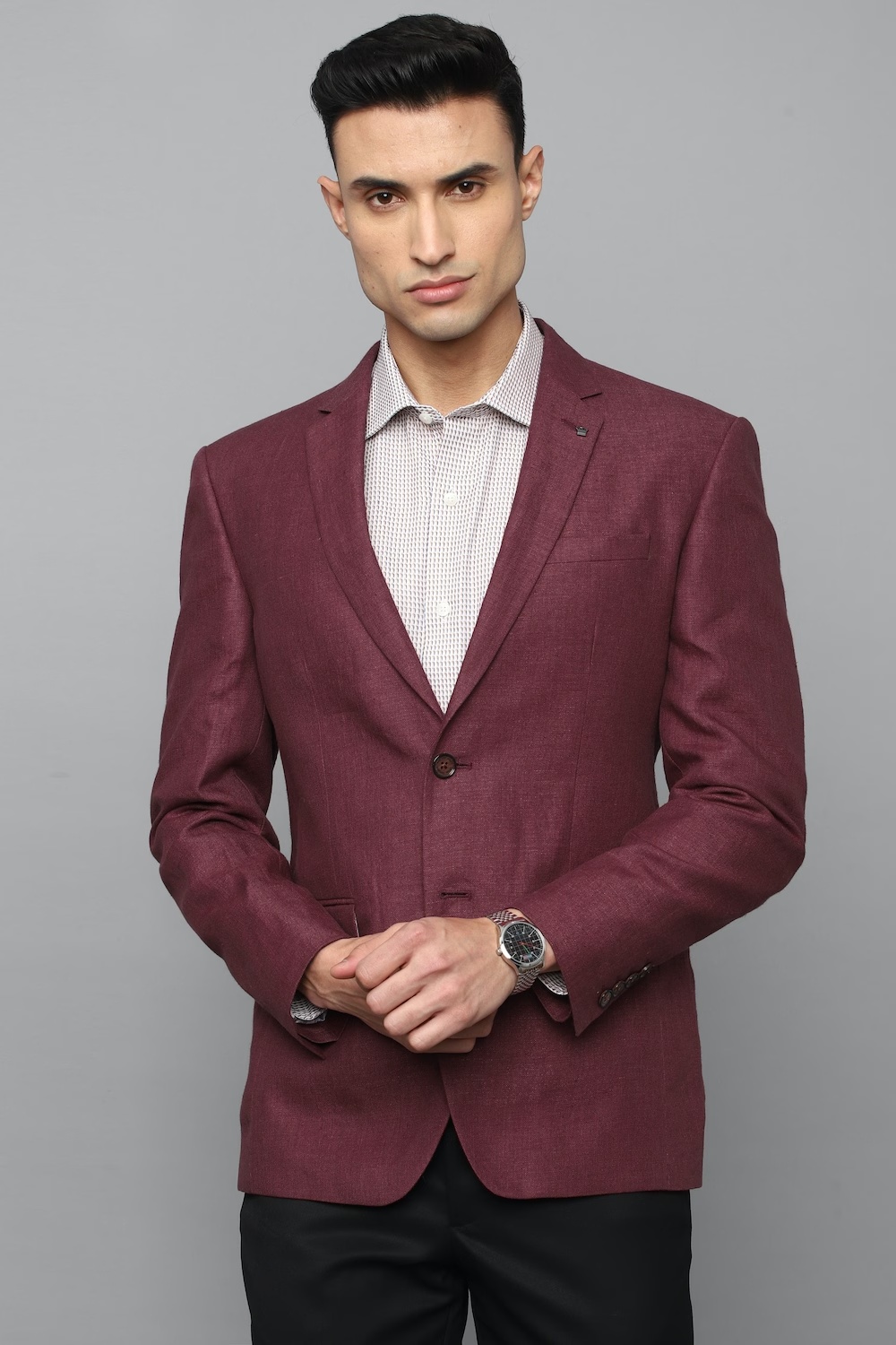Men Maroon Slim Fit Textured Formal Blazer-Maroon