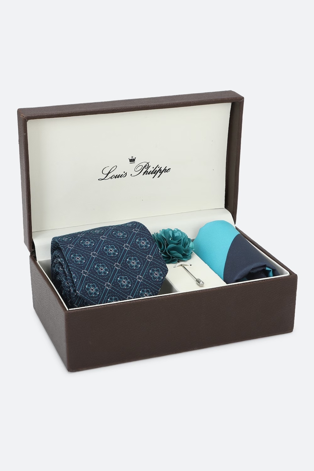 Men Blue Print Tie Pocket Square And Lapel Pin-Blue