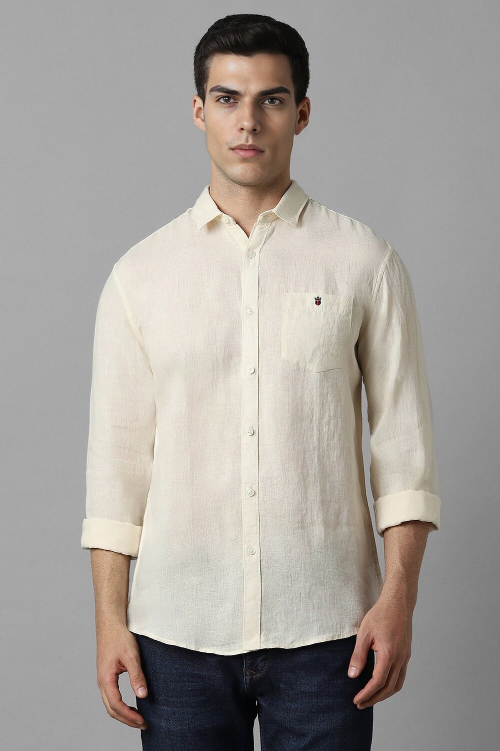 Men Cream Slim Fit Textured Full Sleeves Casual Shirt-Cream