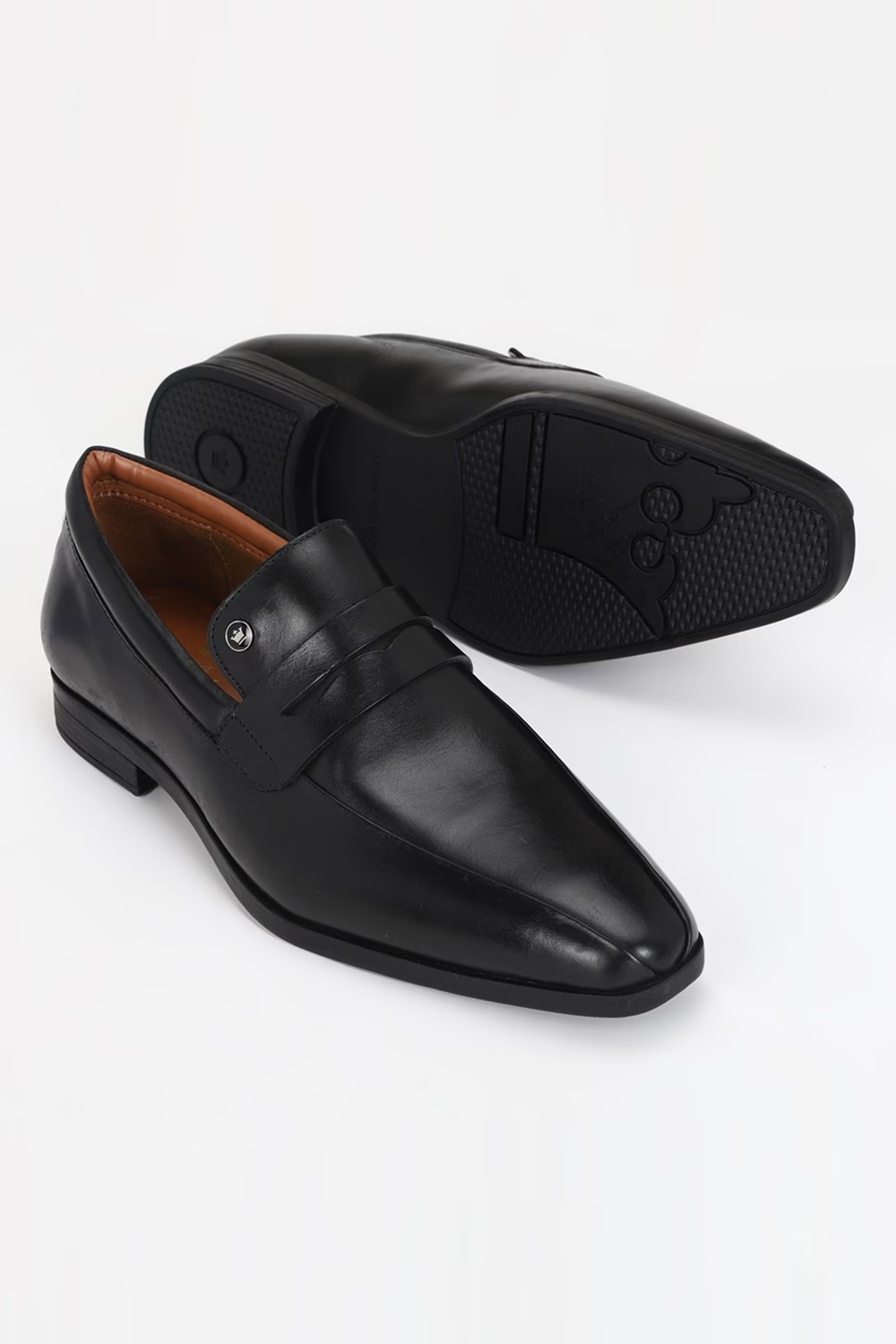 Men Black Leather Slip Ons-Black