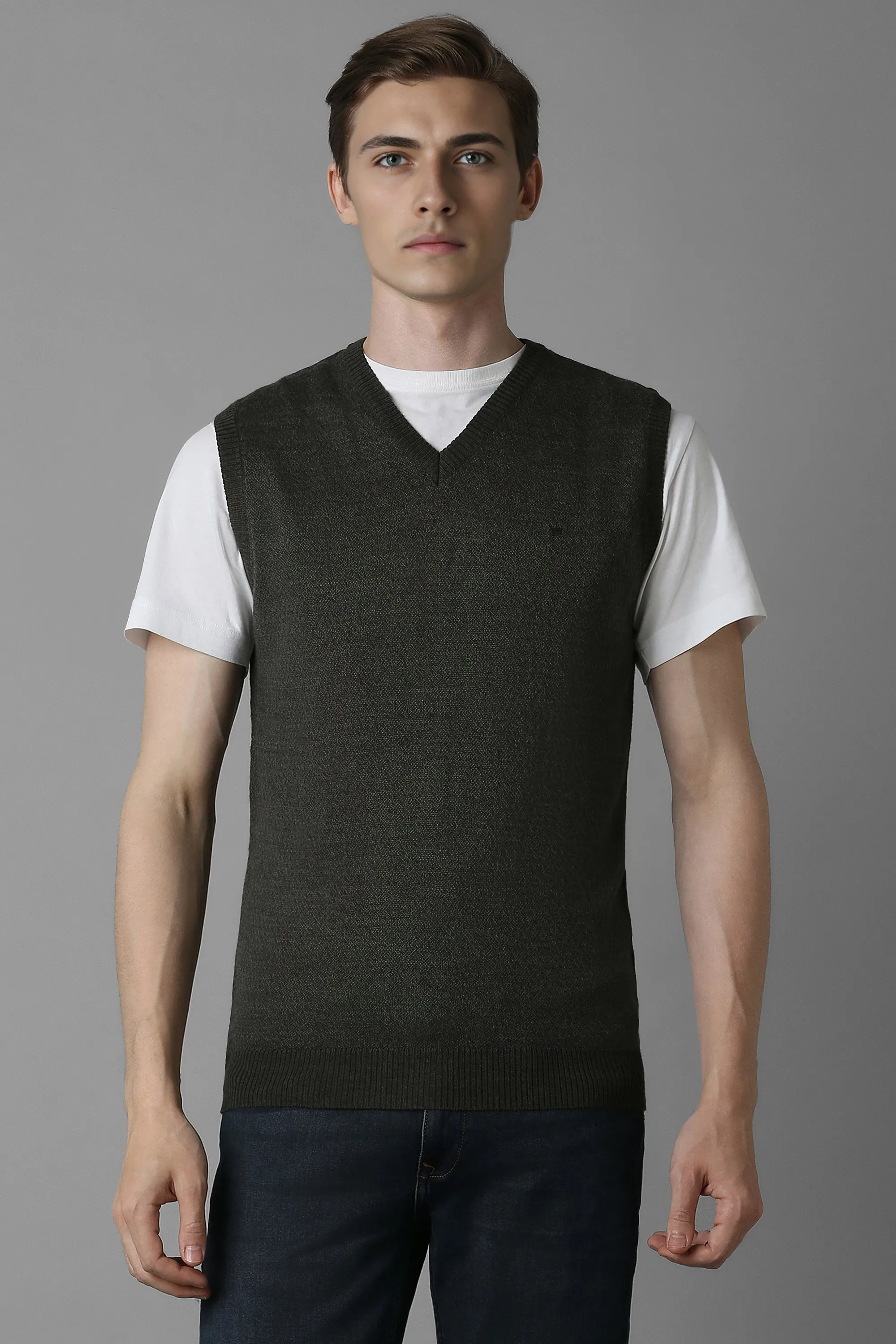Men Olive Textured V Neck Sleeveless Sweater-Olive