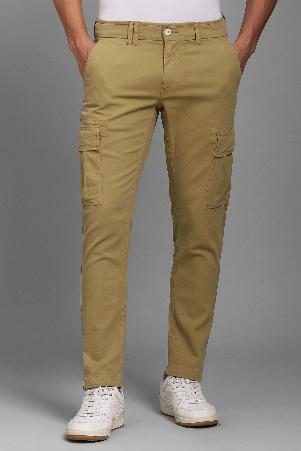 Men Khaki Solid Flat Front Casual Trousers-Khaki