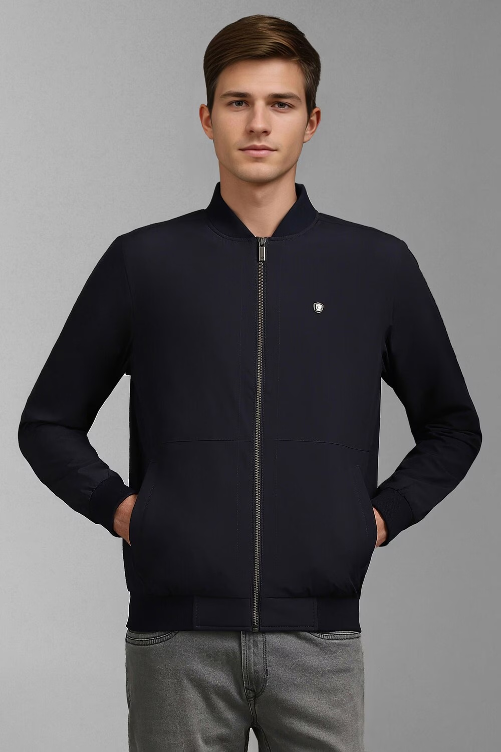 Men Casual Navy Solid Jackets-Navy