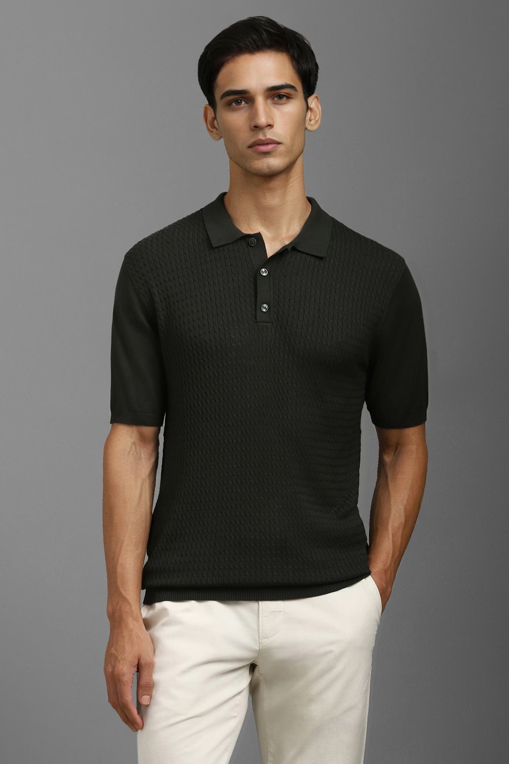 Men Black Textured Polo Neck T-shirt-Black
