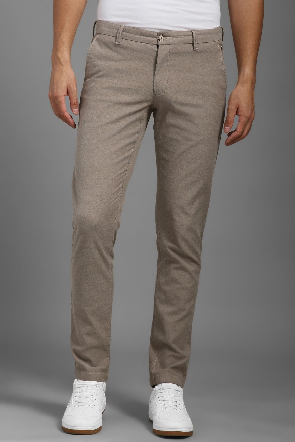 Men Brown Slim Fit Textured Flat Front Casual Trousers-Brown