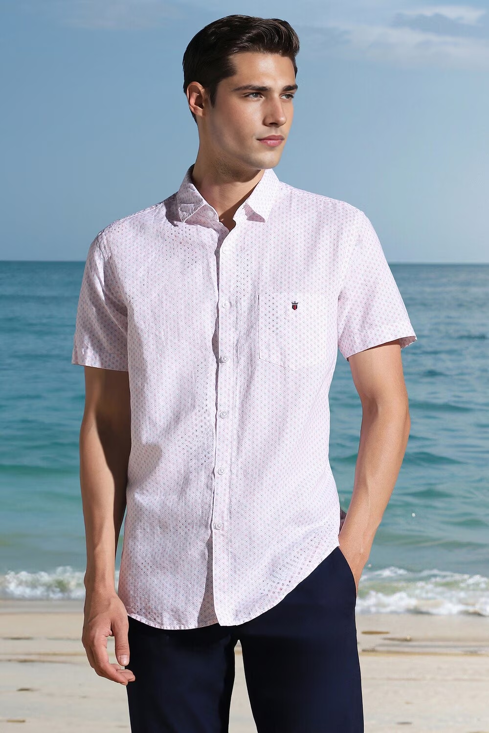 Men White Slim Fit Print Half Sleeves Casual Shirt-White