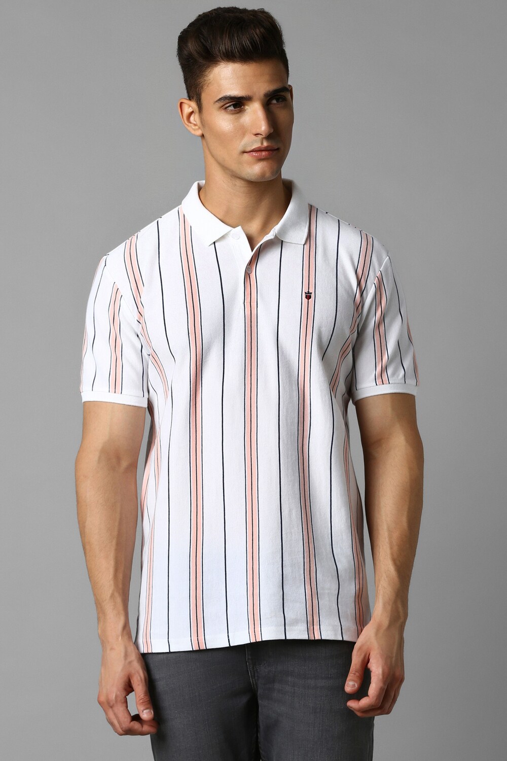 Men White Stripe Polo Neck T-shirt-White
