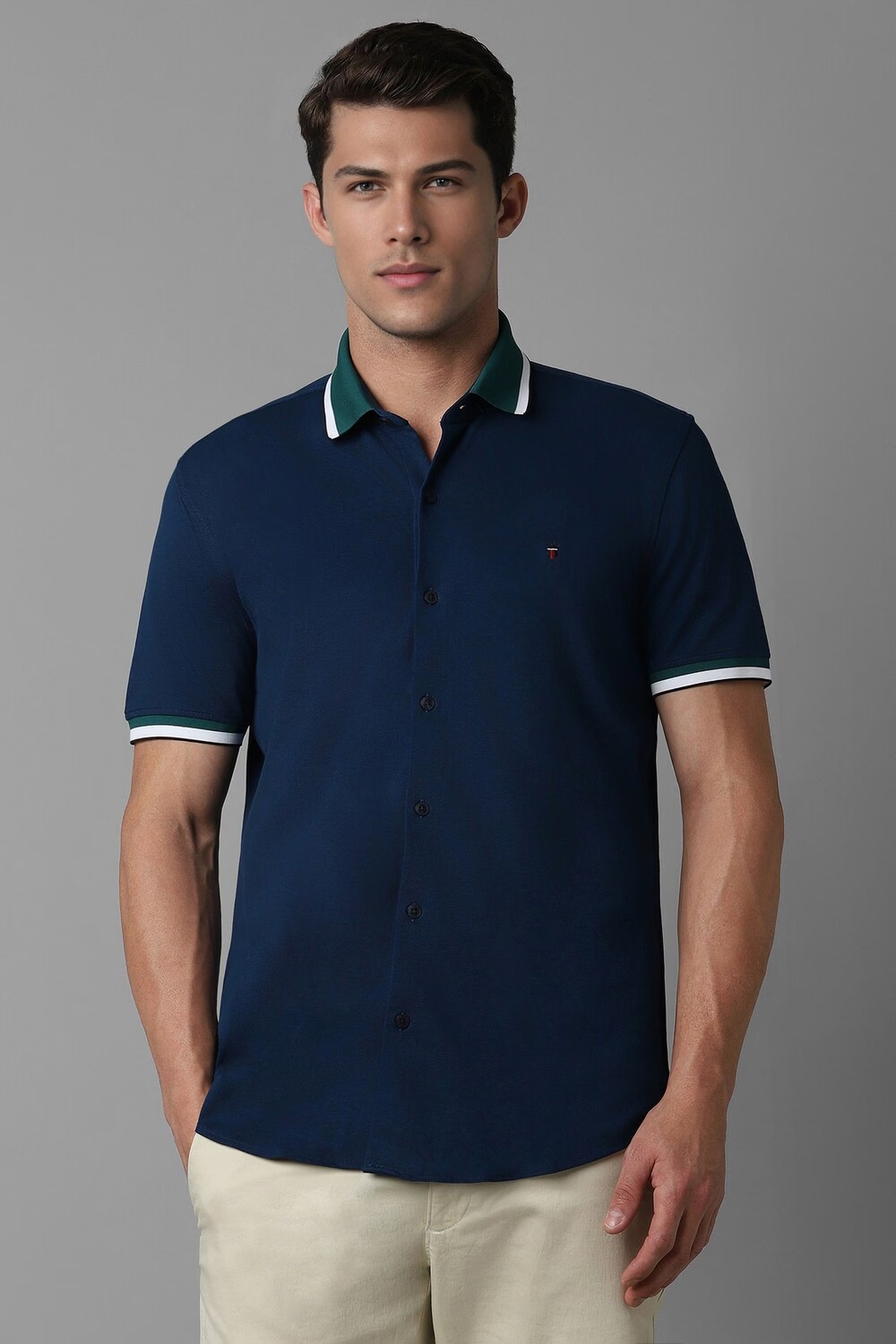 Men Navy Super Slim Fit Solid Half Sleeves Casual Shirt-Navy