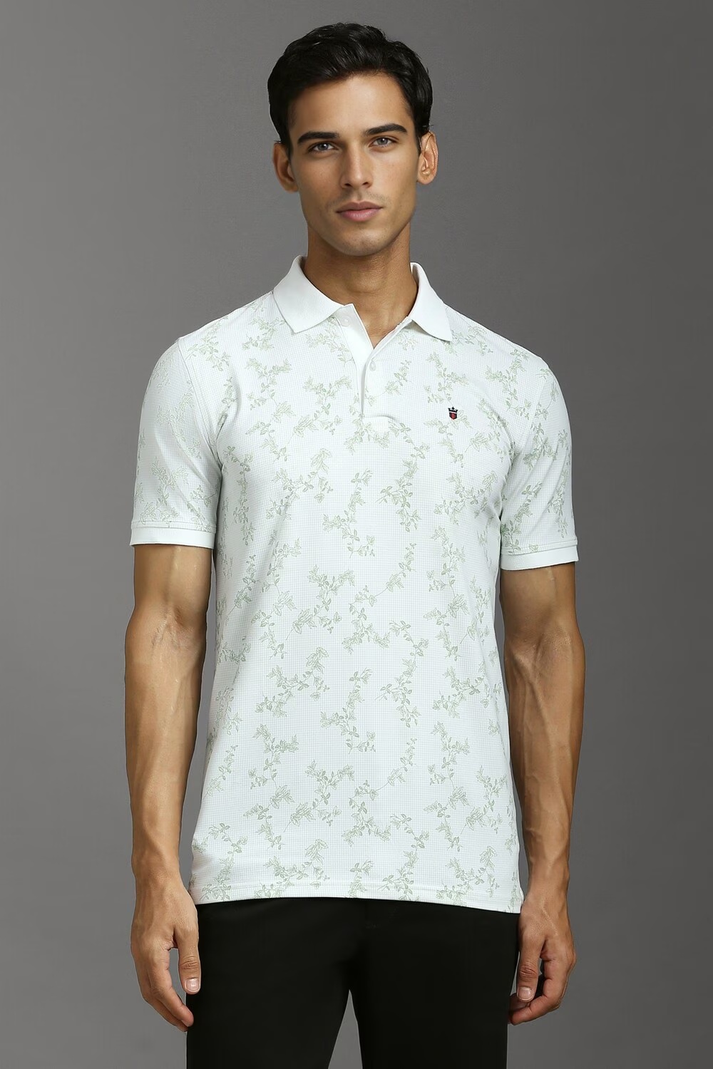 Men White Print Polo Neck T-shirt-White