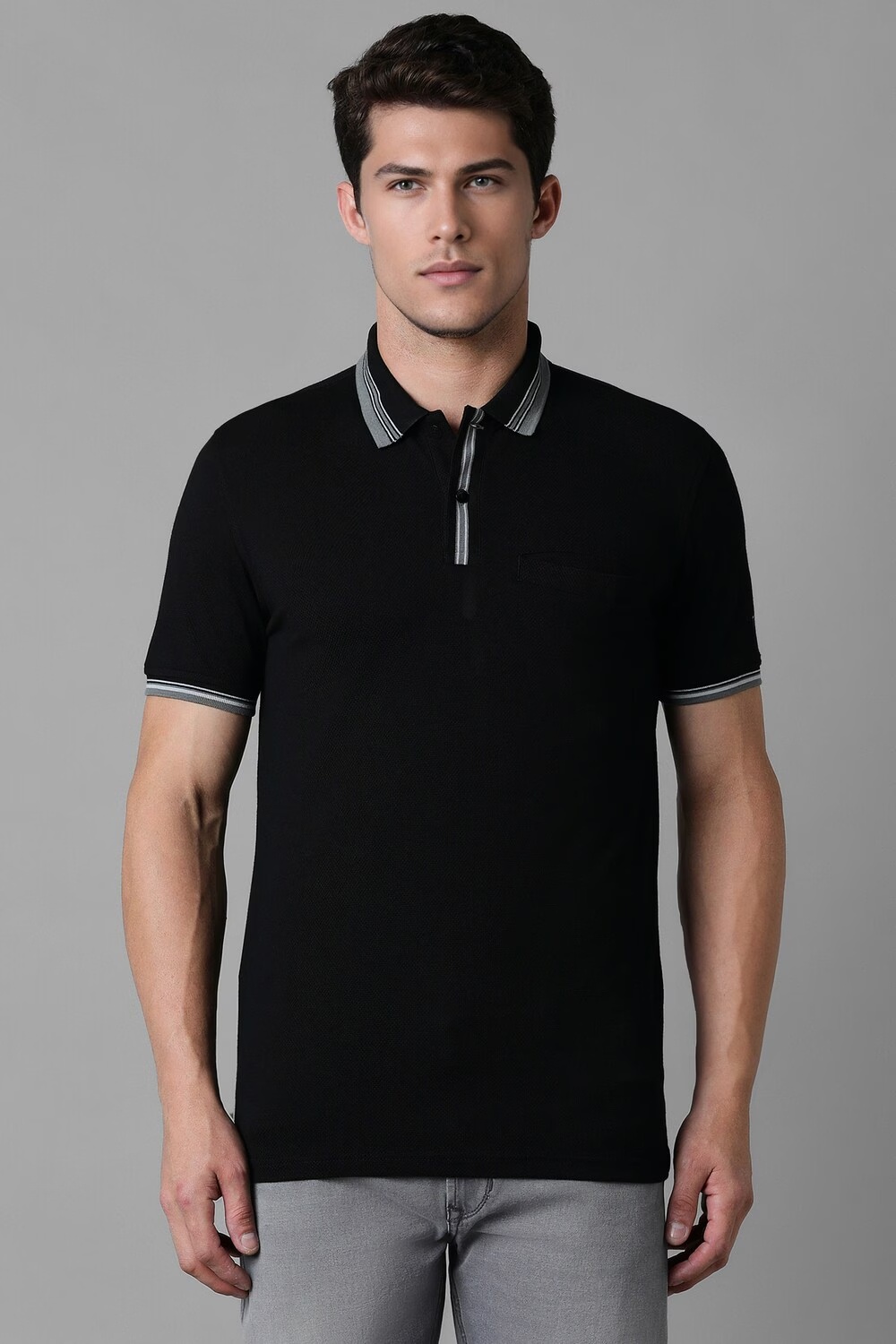 Men Black Solid Polo Neck T-shirt-Black