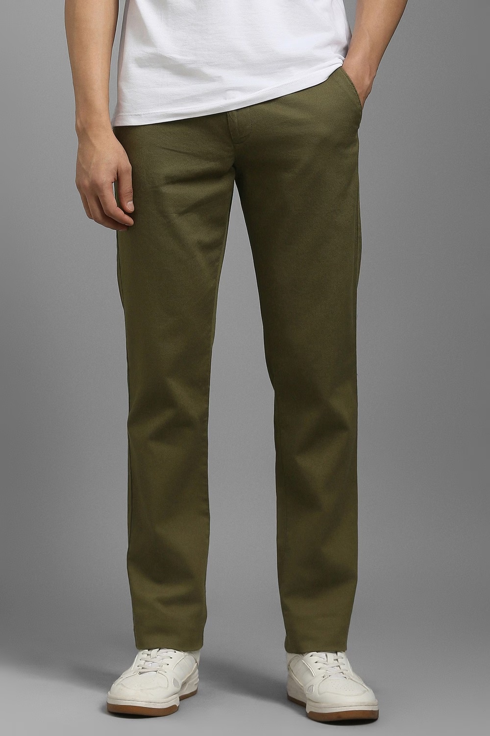 Men Olive Textured Flat Front Casual Trousers-Olive