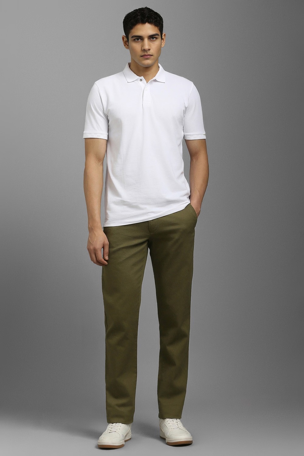 Men Olive Textured Flat Front Casual Trousers-Olive