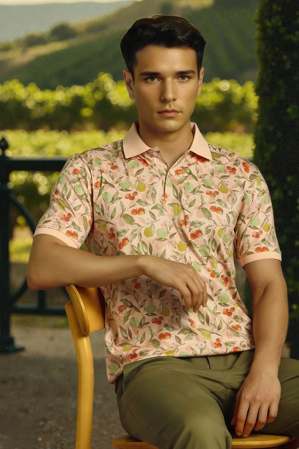 Men Peach Print Polo Neck T-shirt-Peach
