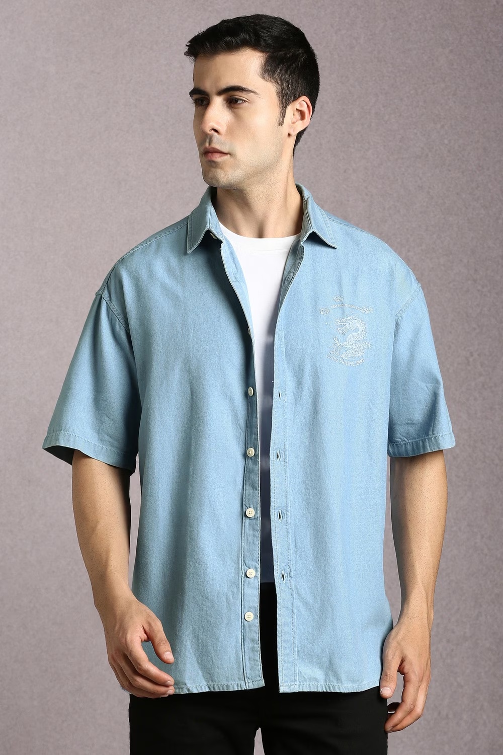 Men Light Blue Embroidered Half Sleeves Casual Shirt-Light Blue