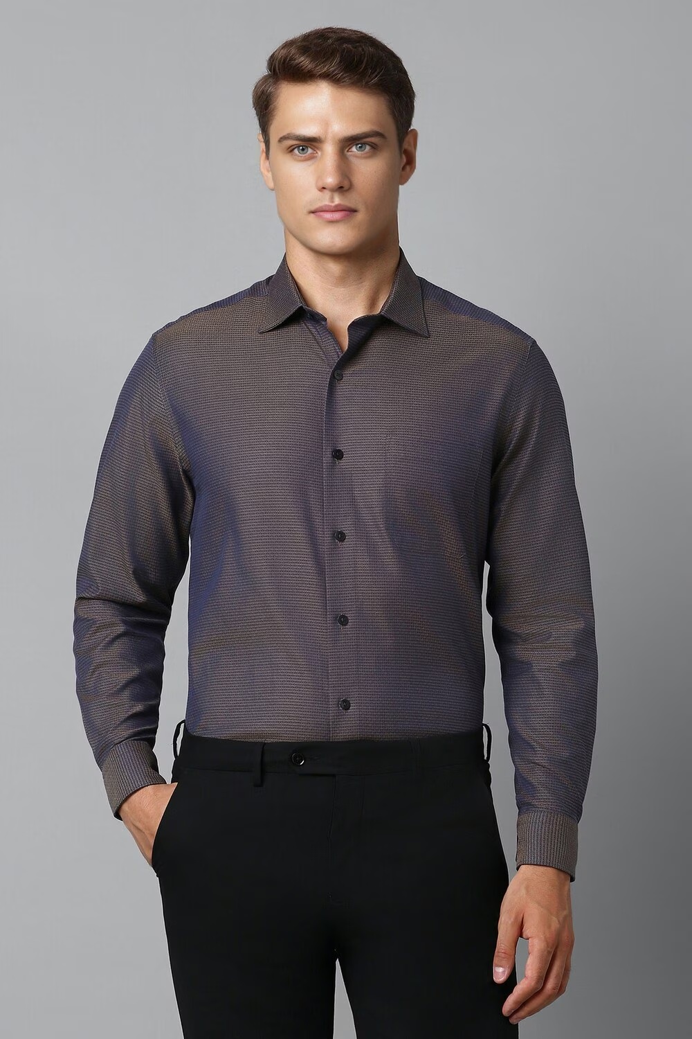 Men Navy Classic Fit Textured Full Sleeves Formal Shirt-Navy