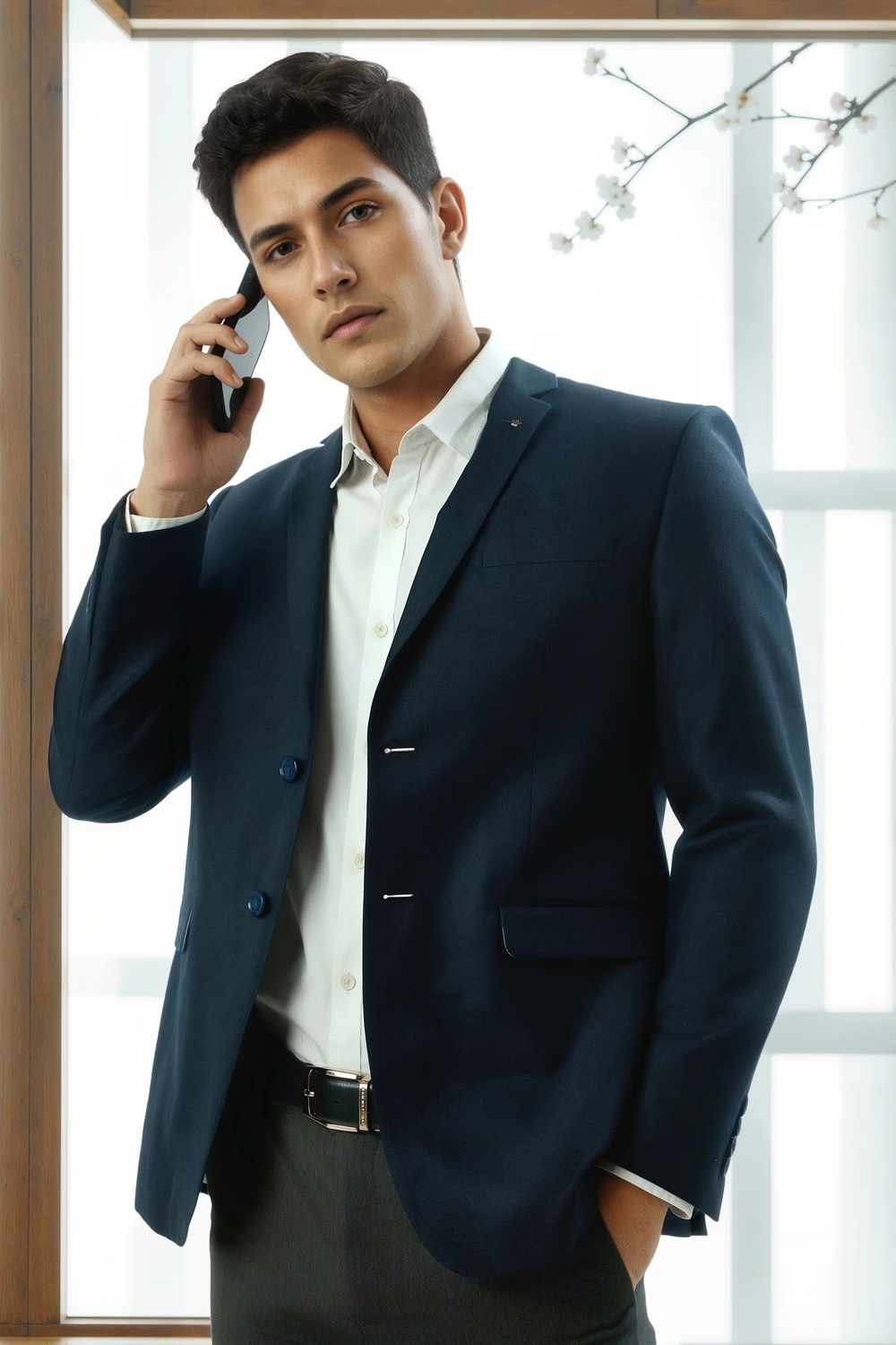 Men Navy Textured Formal Blazer-Navy