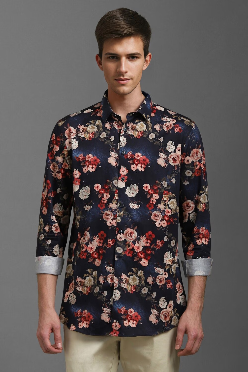 Men Navy Slim Fit Print Full Sleeves Casual Shirt-Navy