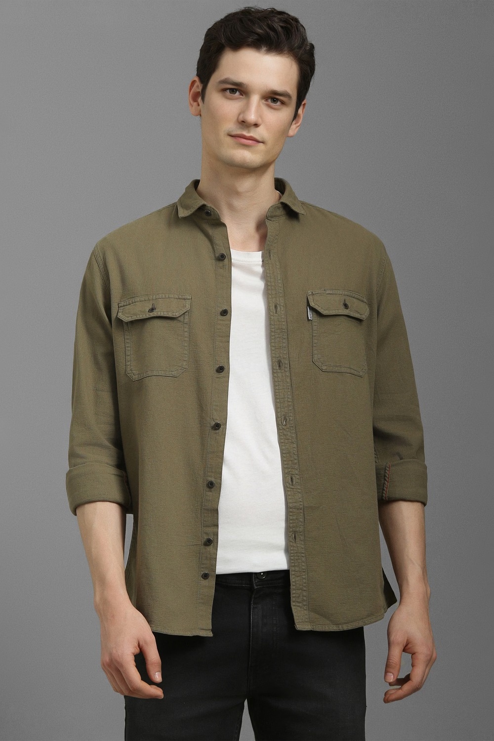 Men Olive Slim Fit Textured Full Sleeves Casual Shirt-Olive