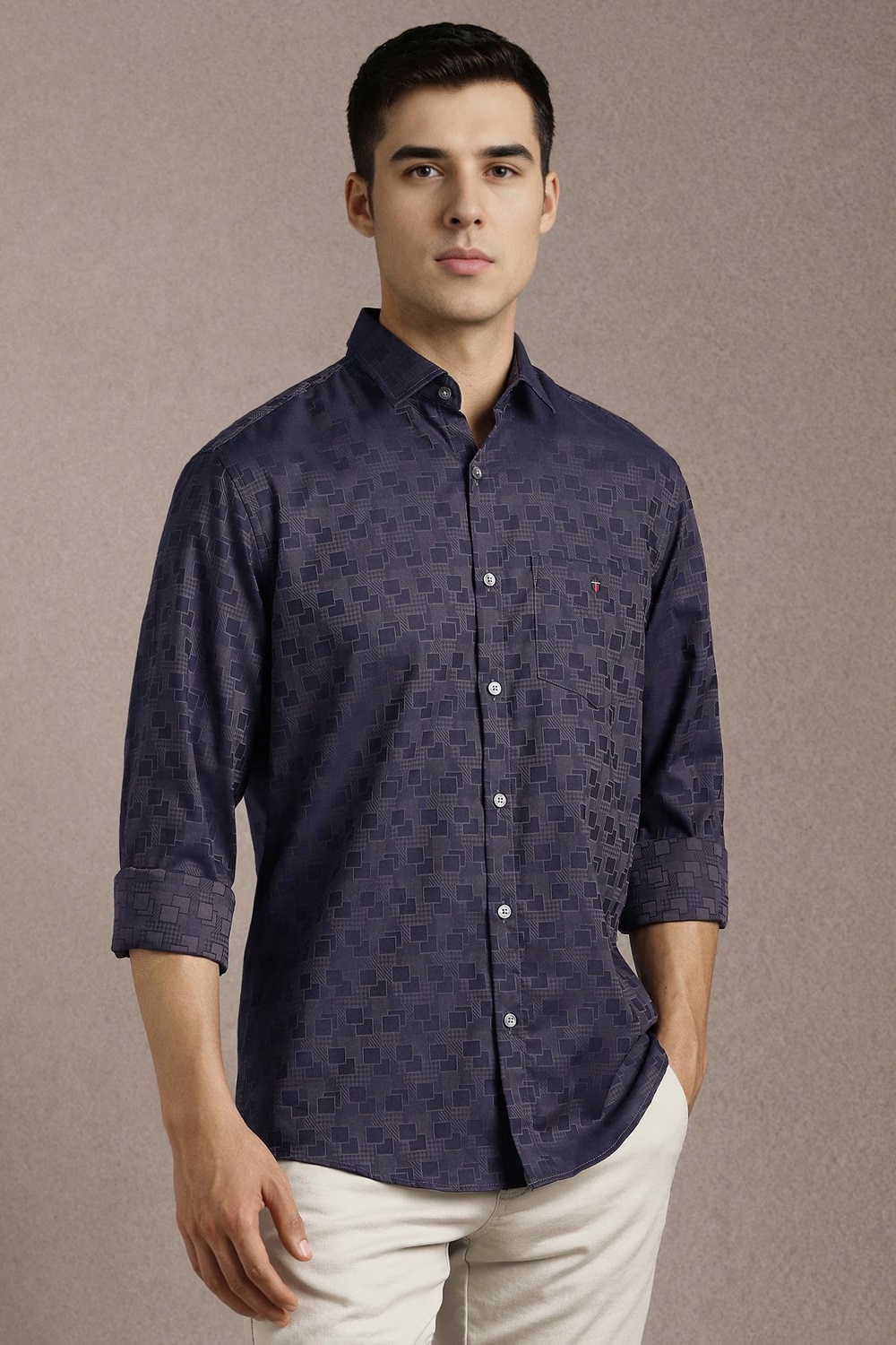 Men Navy Print Full Sleeves Casual Shirt-Navy