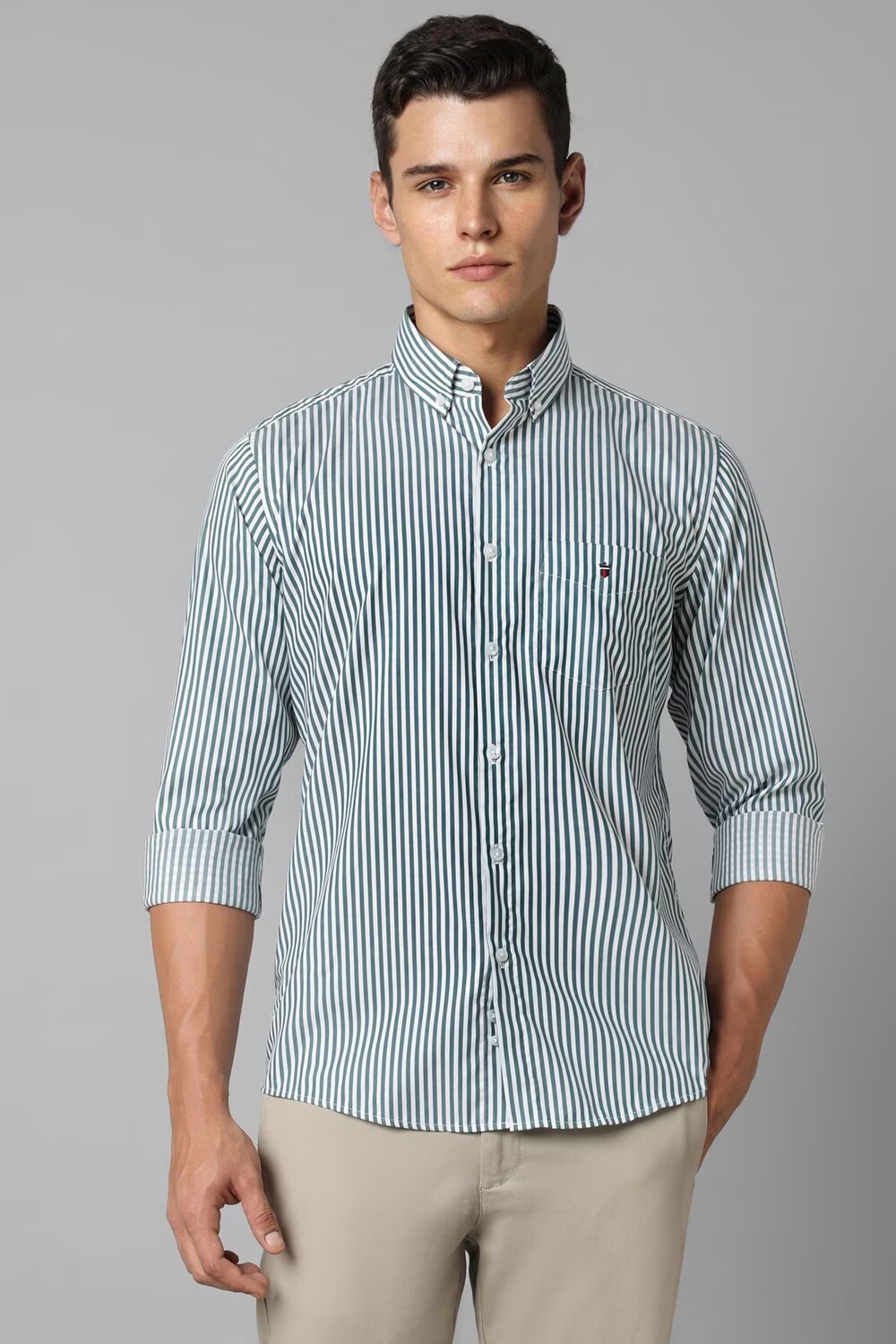 Men Green Slim Fit Stripe Full Sleeves Casual Shirt-Green