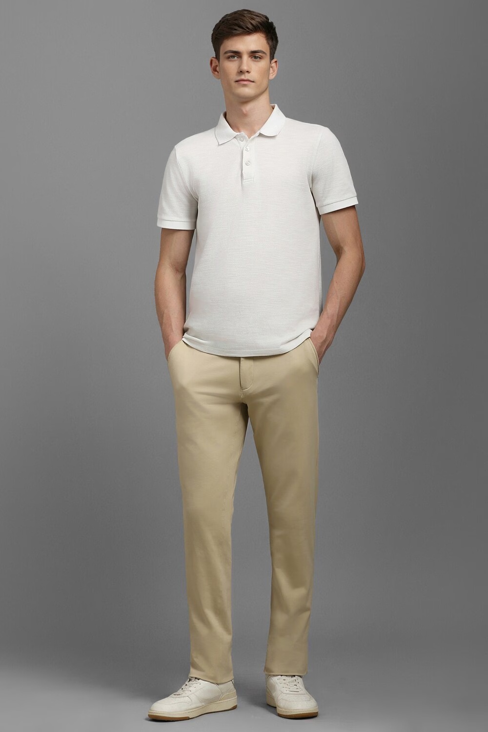Men Beige Contemporary Fit Solid Flat Front Casual Trousers-Beige