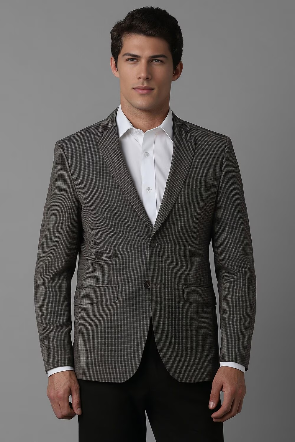 Men Grey Slim Fit Check Formal Blazer-Grey
