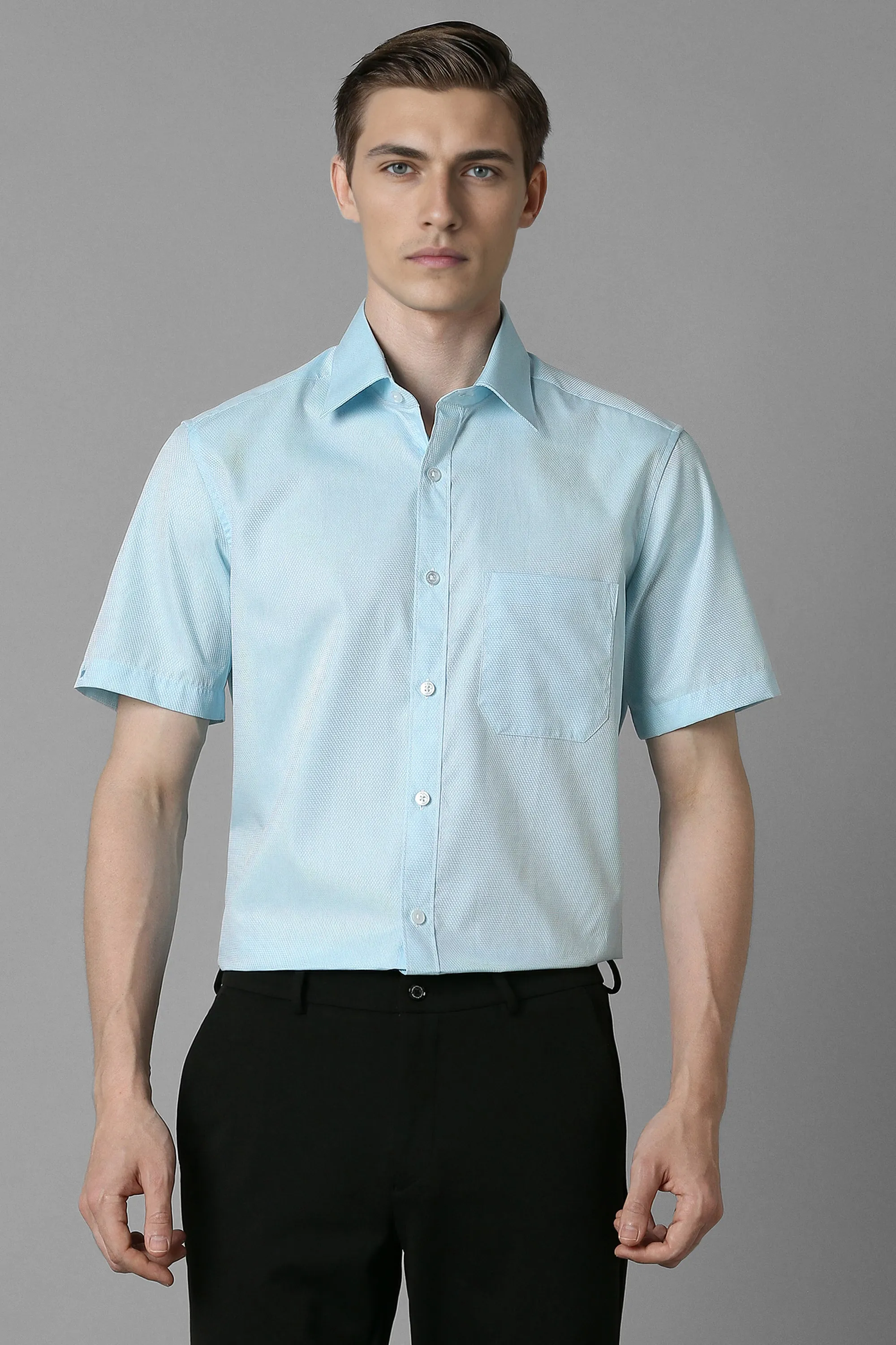 Men Blue Classic Fit Textured Half Sleeves Formal Shirt-Blue