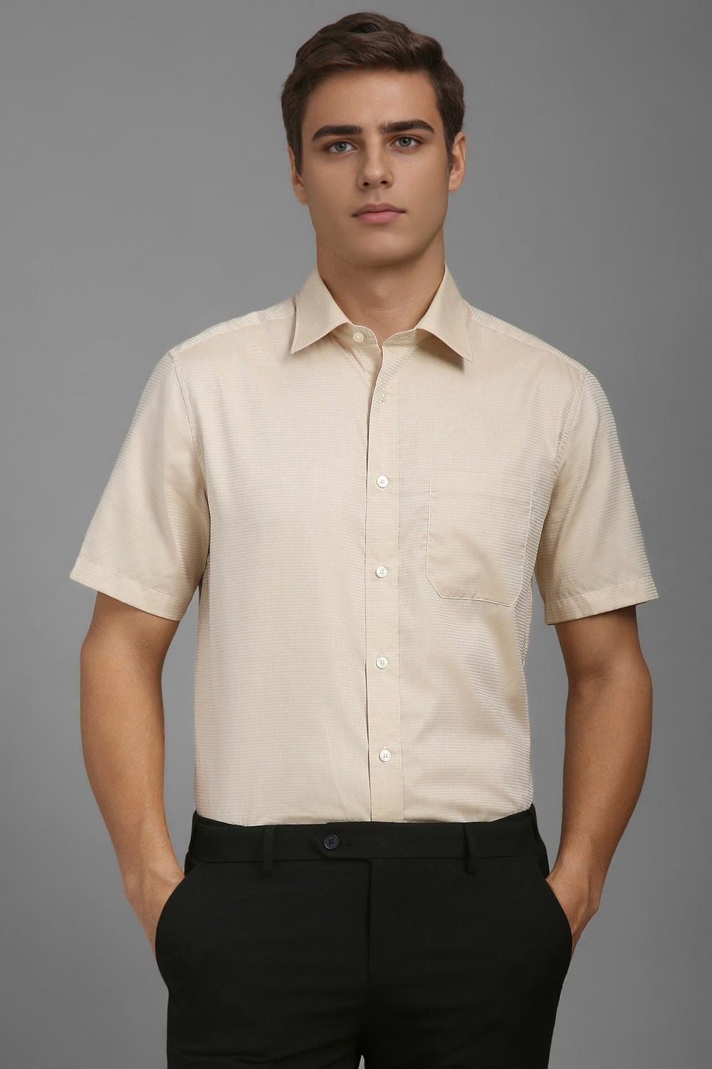 Men Beige Classic Fit Textured Half Sleeves Formal Shirt-Beige