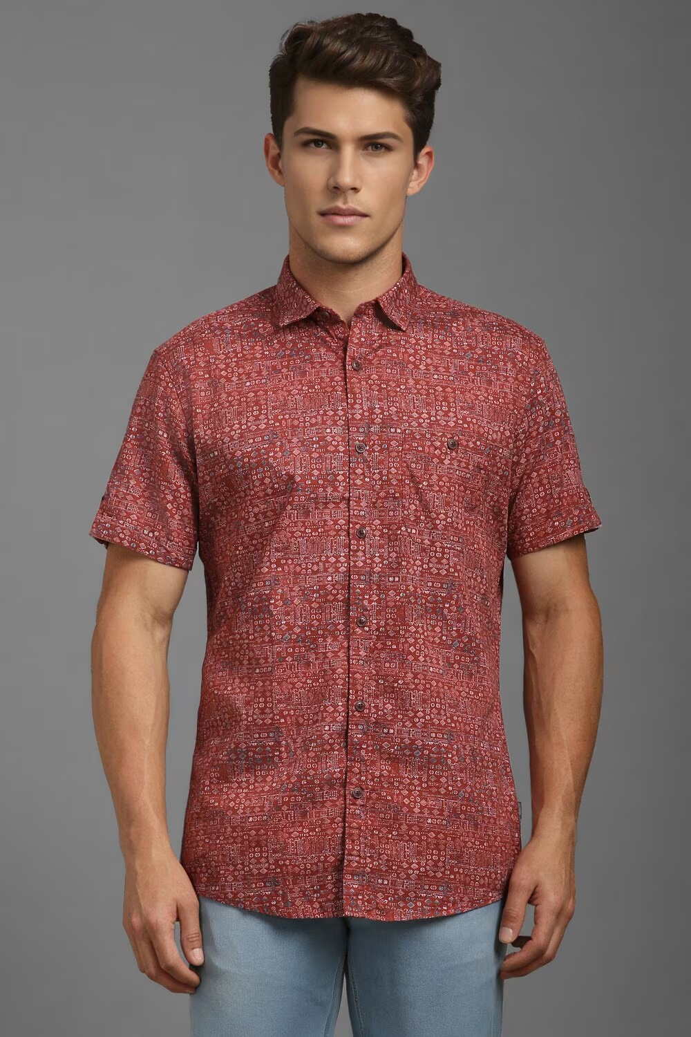 Men Red Slim Fit Print Half Sleeves Casual Shirt-Red