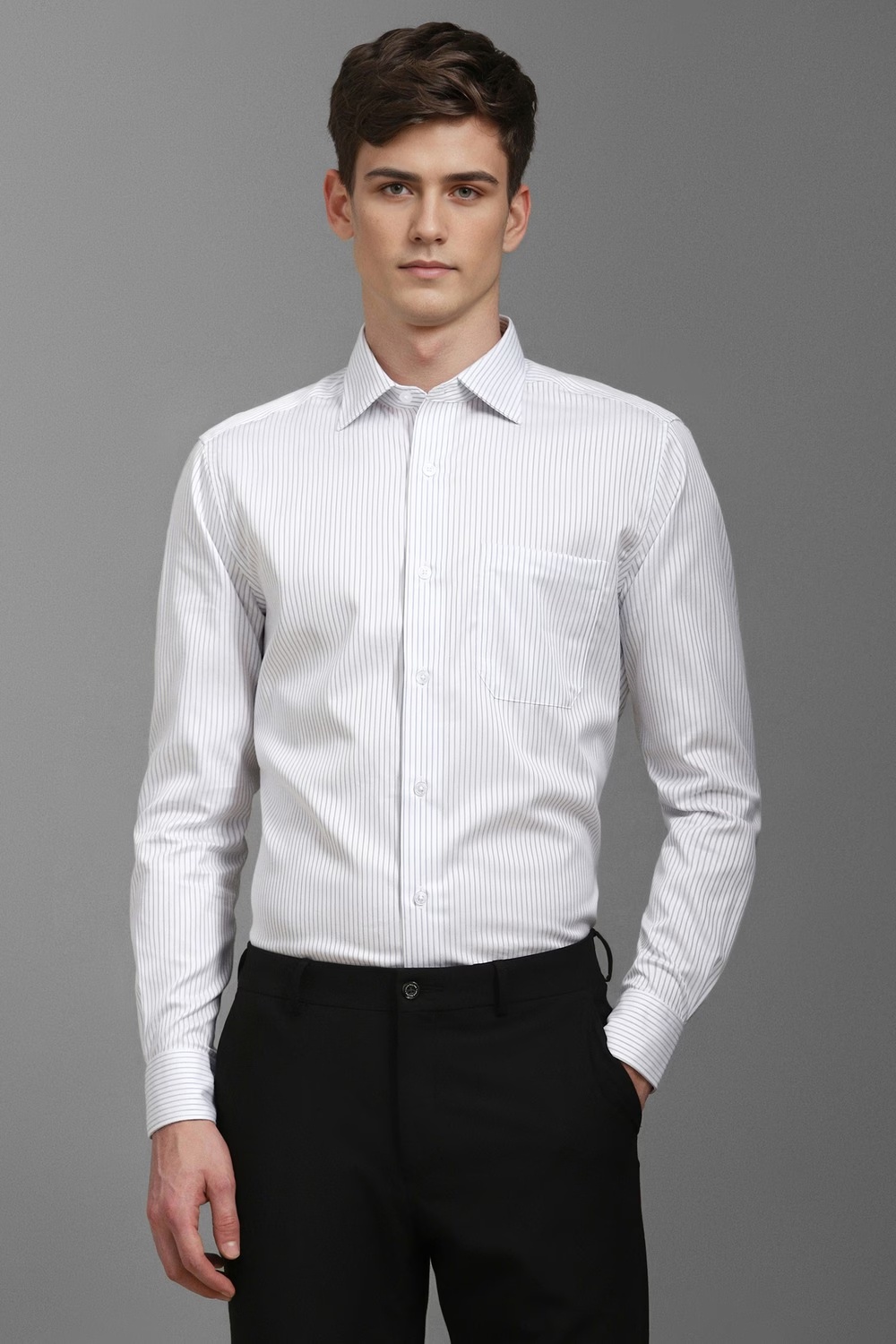 Men White Classic Fit Stripe Full Sleeves Formal Shirt-White