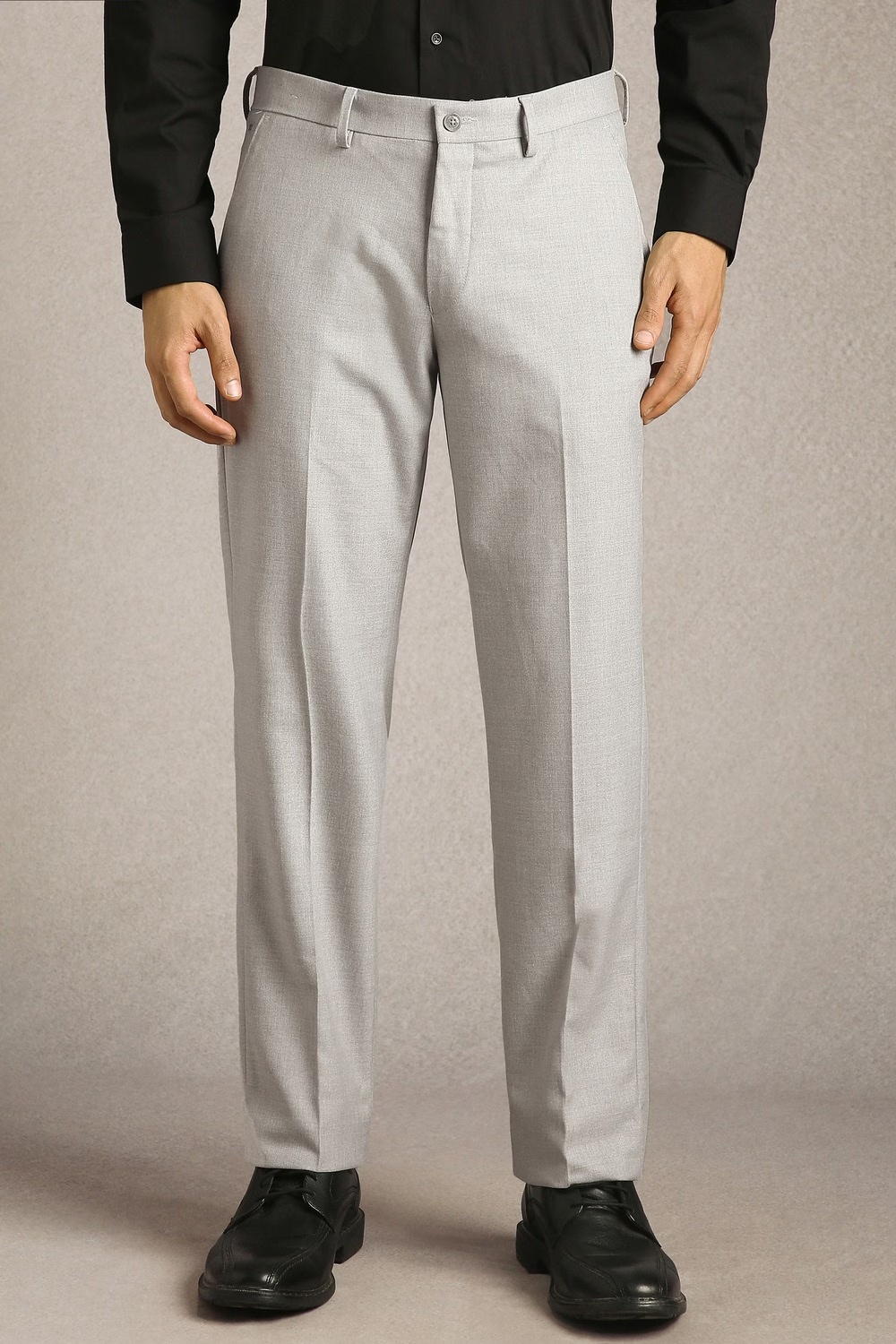 Men Grey Textured Flat Front Formal Trousers-Grey