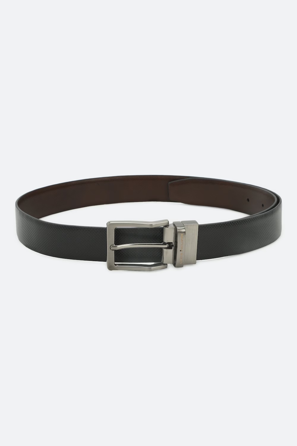 Louis Philippe Men Black & Brown Textured Reversible Formal Italian Leather with Brush Gun Metal Buckle Belt-Brown